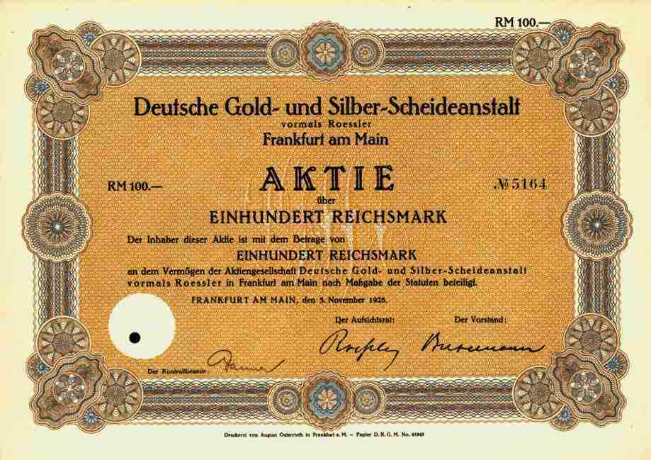German Gold Silver Scheideanstalt Roessler Degussa 1928 Frankfurt Hanau 100 RM