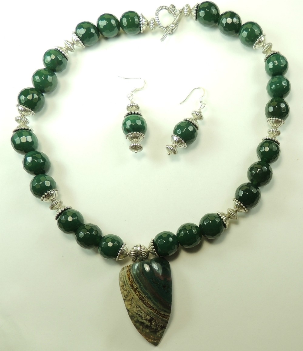 Statement Agate Necklace & Earring Set  Jasper Pendant Wedding Mother of Bride