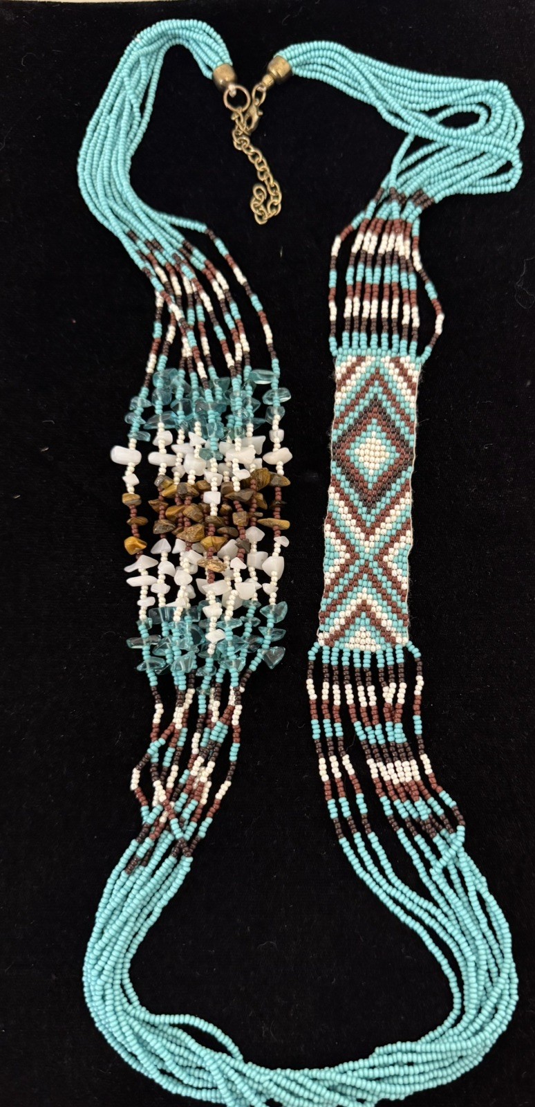 Native American Style Necklace Seed Bead Boho Multi Strand Turquoise & Brown 34"