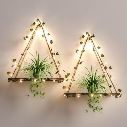  Artificial Ivy LED-Strip Wall Hanging Shelves Set of 2, Macrame Shelf Ivya*2