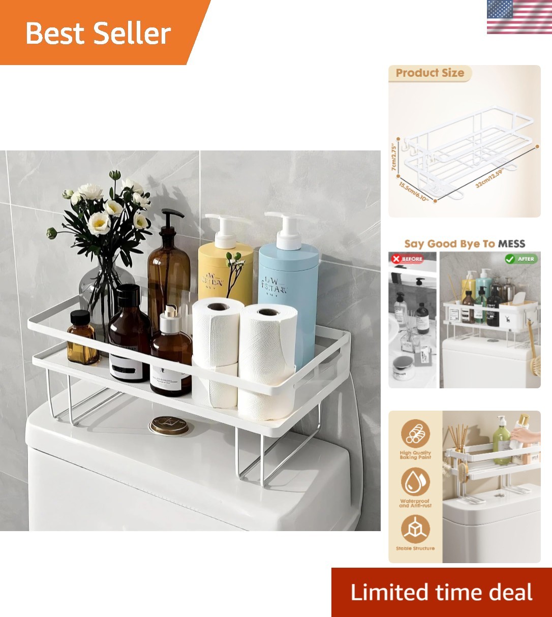 Over The Toilet Storage Shelf, Toilet Paper Holder Stand Shelves, Punch-Free ...