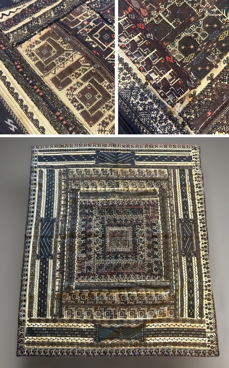 Old Tribal Hand Knotted Stiched Tapestry Wall Patchwork Large Textile 49”x 59”