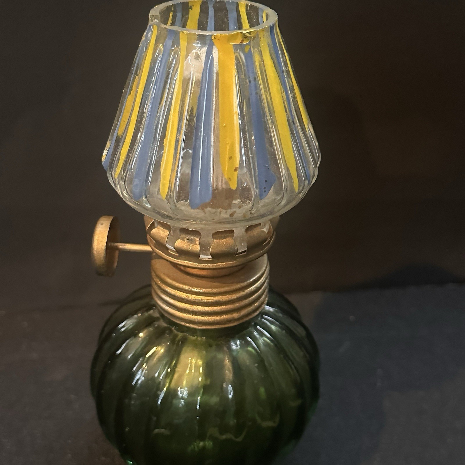 Green Glass Oil Mini Lamp Lantern 6” Tall Miniature Kerosene Hurricane Vintage