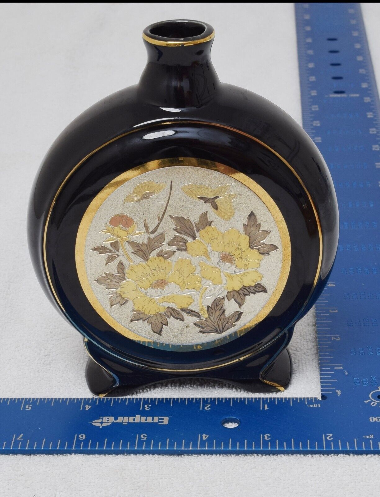 Vintage Art Of Chokin 24k Gold Edged Japanese Black Vase Flowers Butterfly 6"
