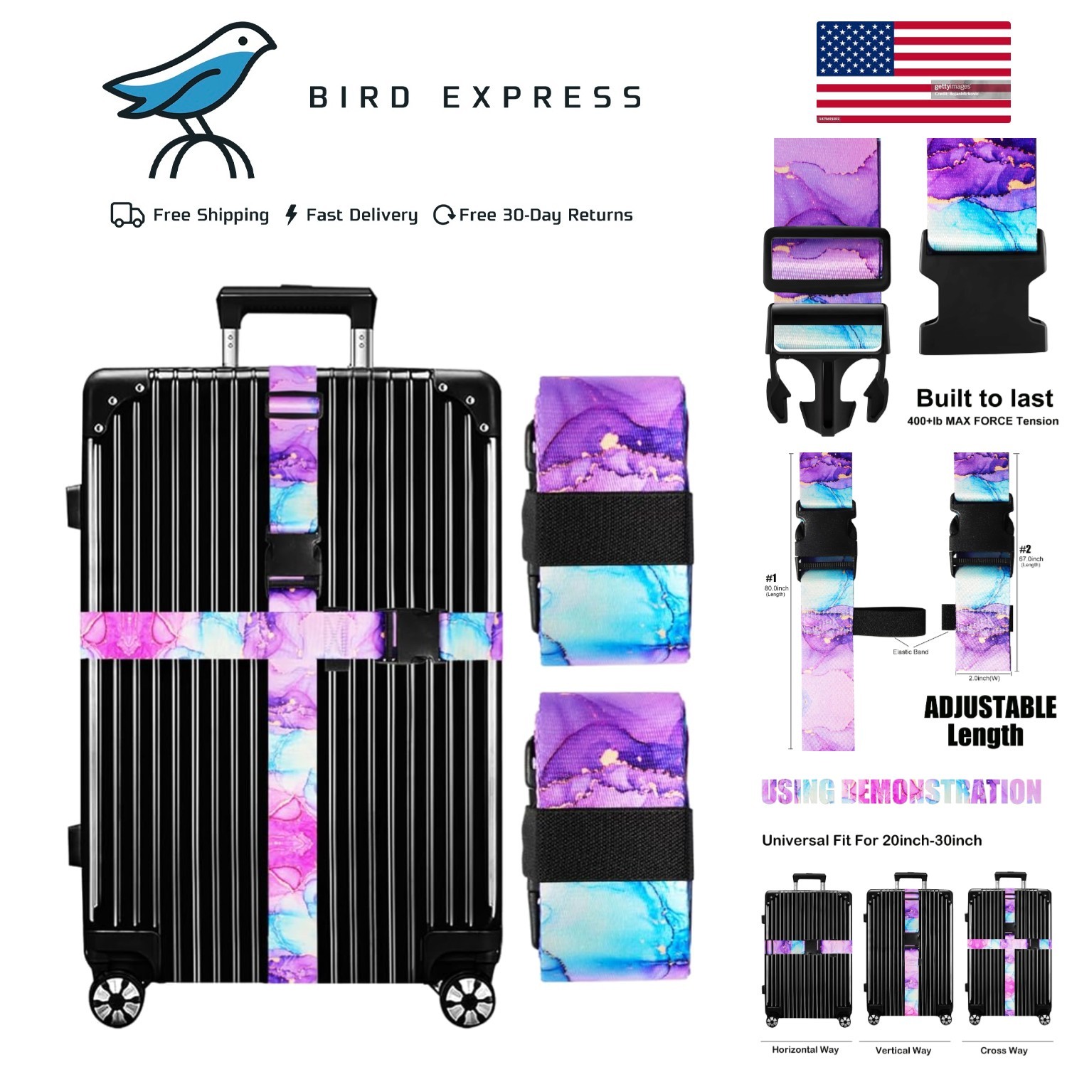 Bright TSA Approved Luggage Straps Set 2-Pack Suitcase Belts Blue Marble