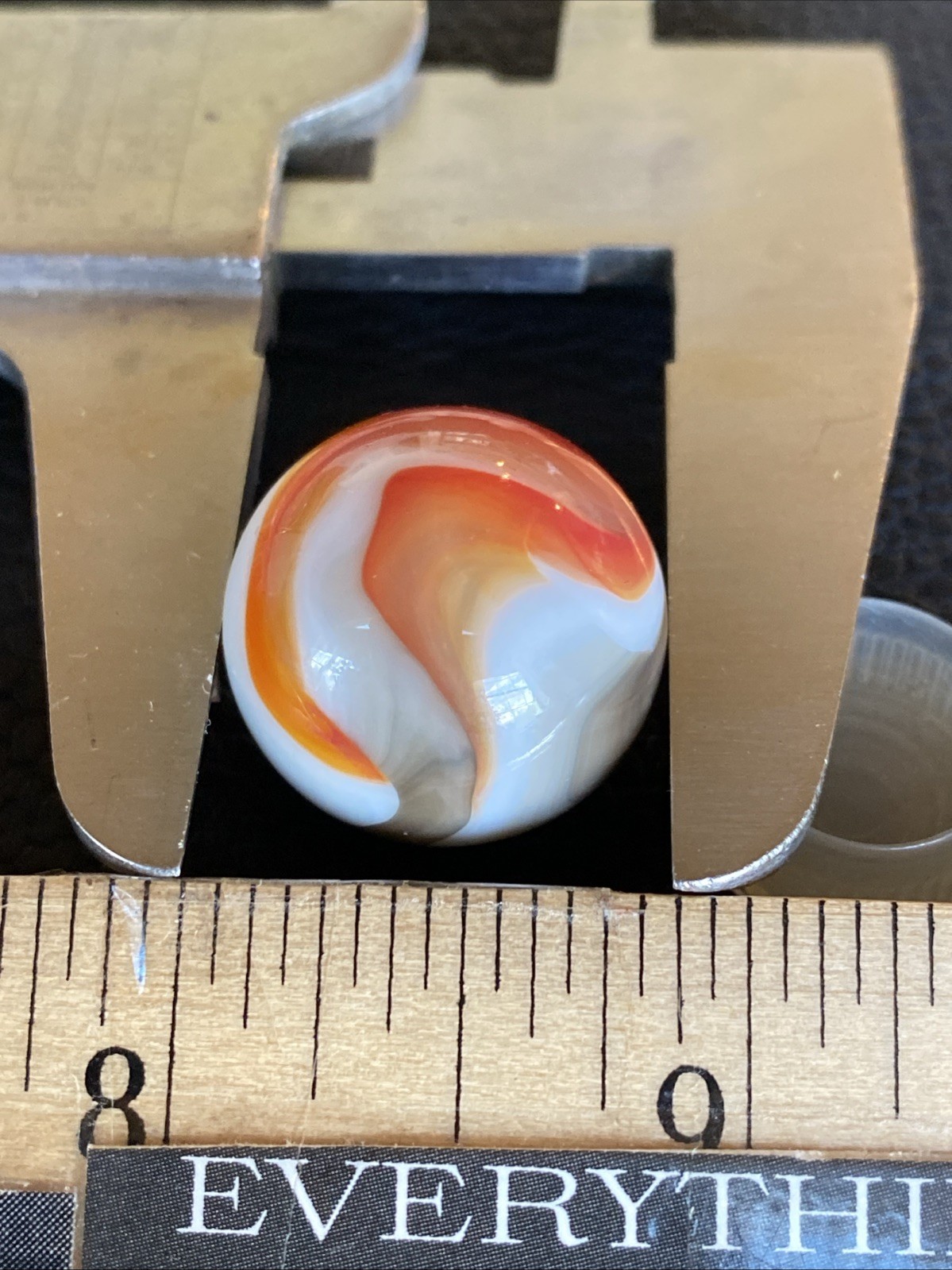 Vtg VITRO AGATE SHOOTER 7/8” RED RUST ORANGE WHITE GRAY BLACK Marble Brown Tones