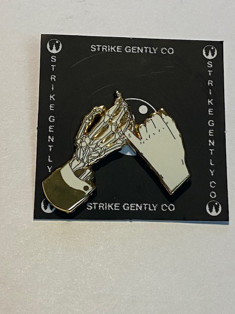 Strike Gently Co Skeleton & Human Hands Pinky Promise Enamel Pin Opened Rare