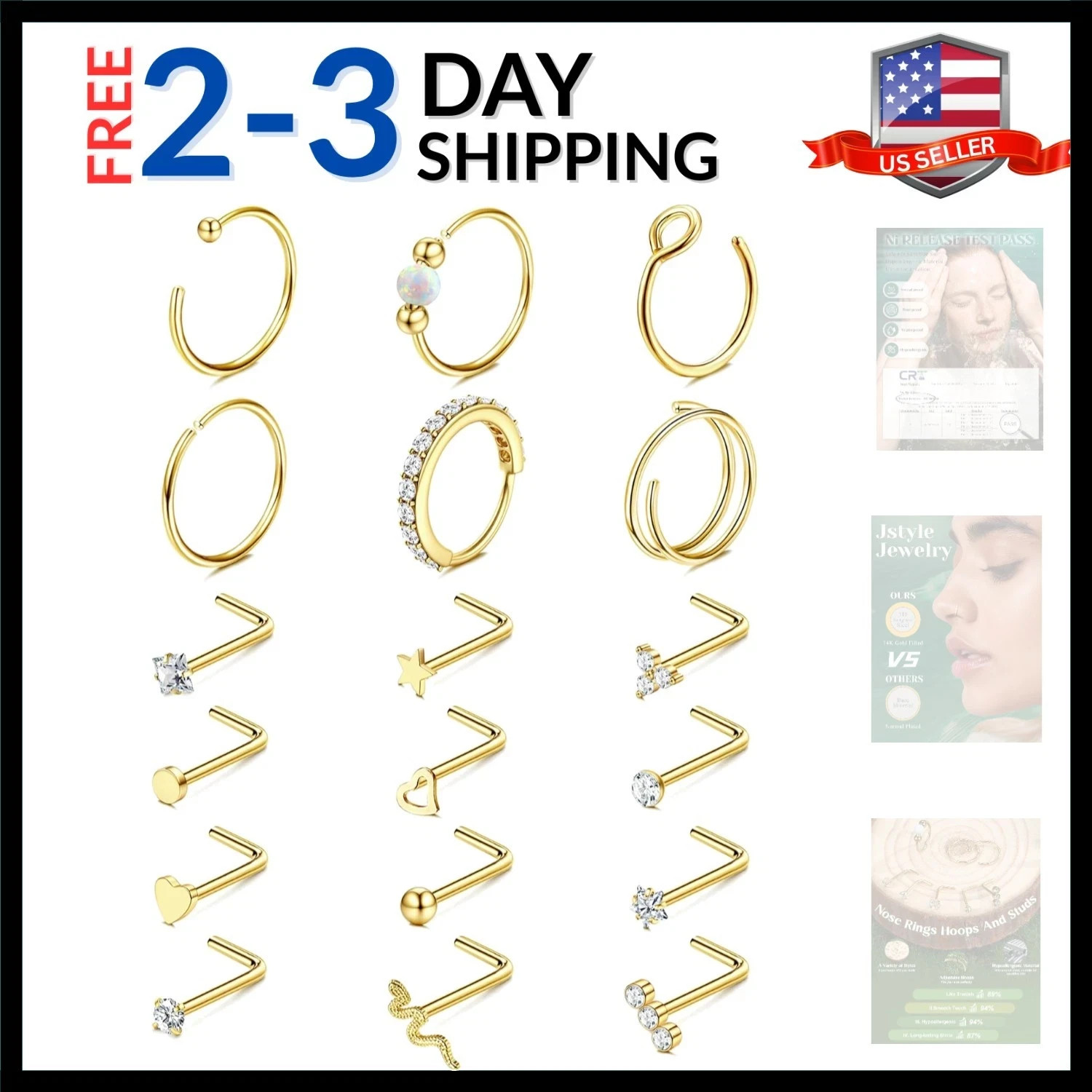 14K Gold Nose Rings for Women Men - 20G Stainless Steel Nose Rings Hoops L Sh...