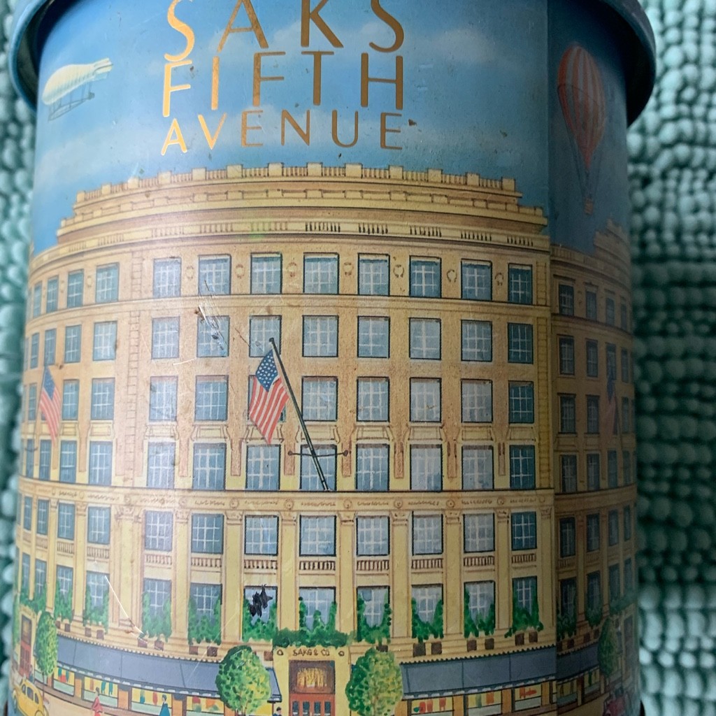 Vintage SAKS FIFTH AVENUE Metal Tin Can Empty 8 X 6