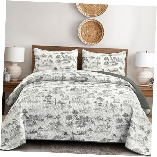  Farmhouse Quilt Set King Size, Toile Rustic Bedspreads, 3 King (106"x90") Grey