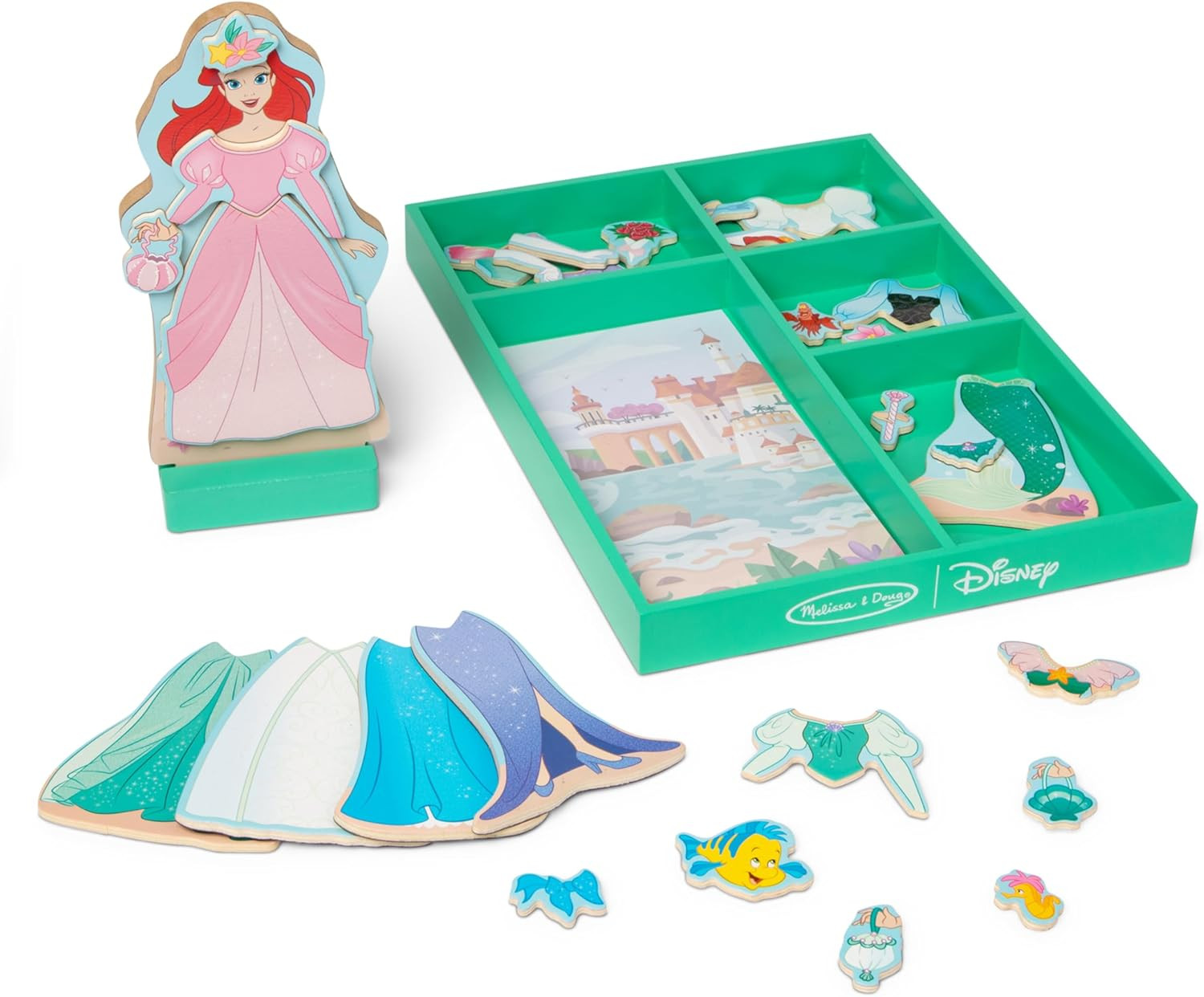 Disney Princess Ariel Magnetic Dress-Up Wooden Doll Pretend Play Set (30+ Pieces