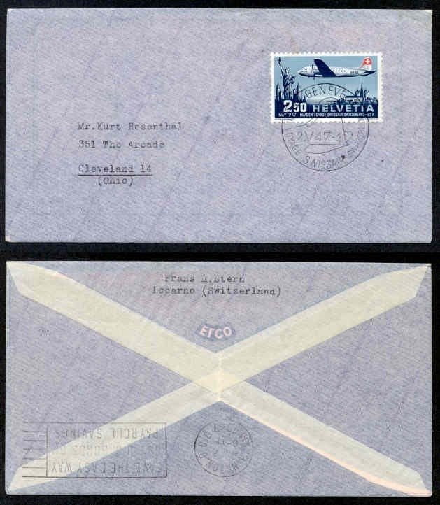 SWITZERLAND #C42 1947 FFC TO USA