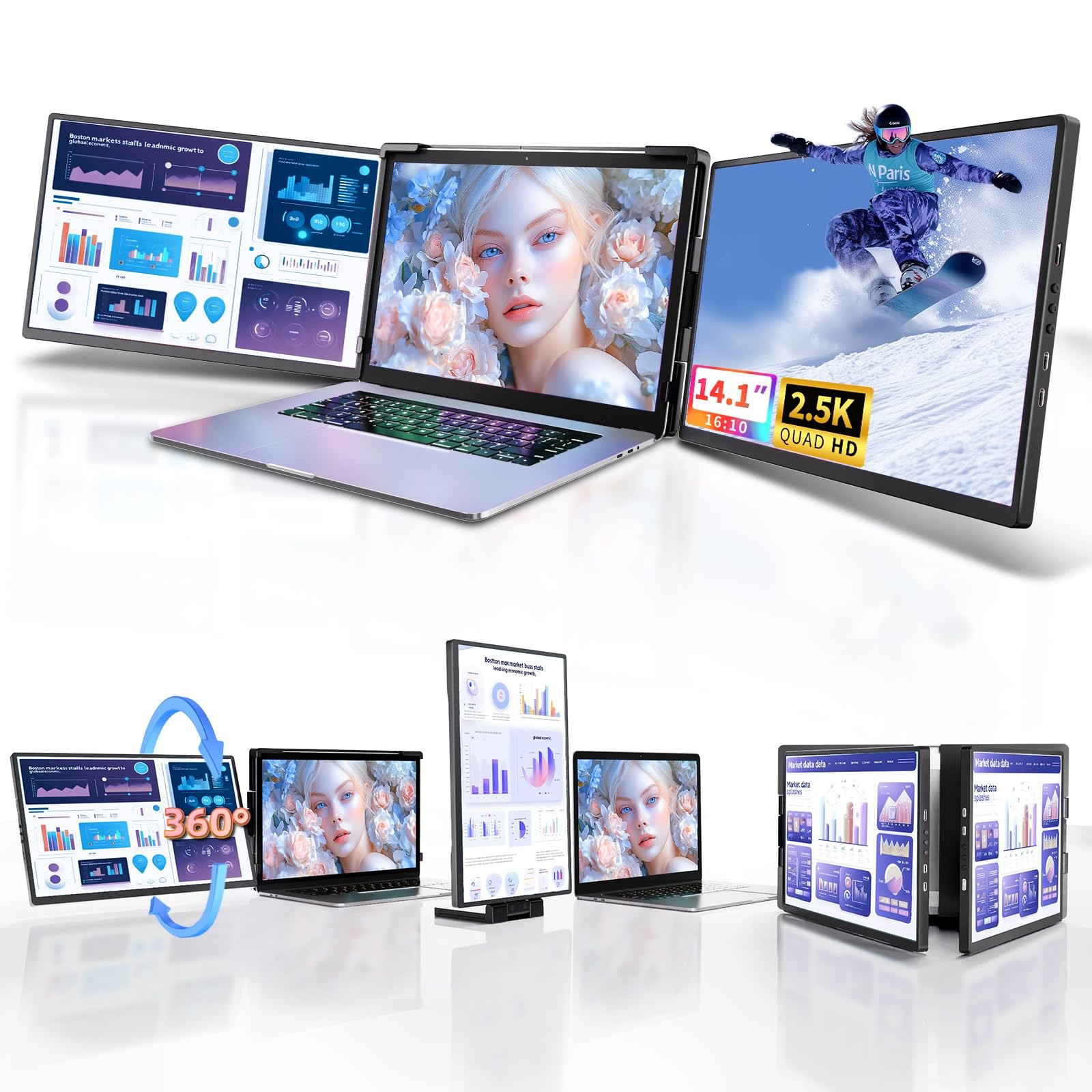 Laptop Screen Extender Monitor Portable - 2.5K Triple Laptop Screen Extender,...