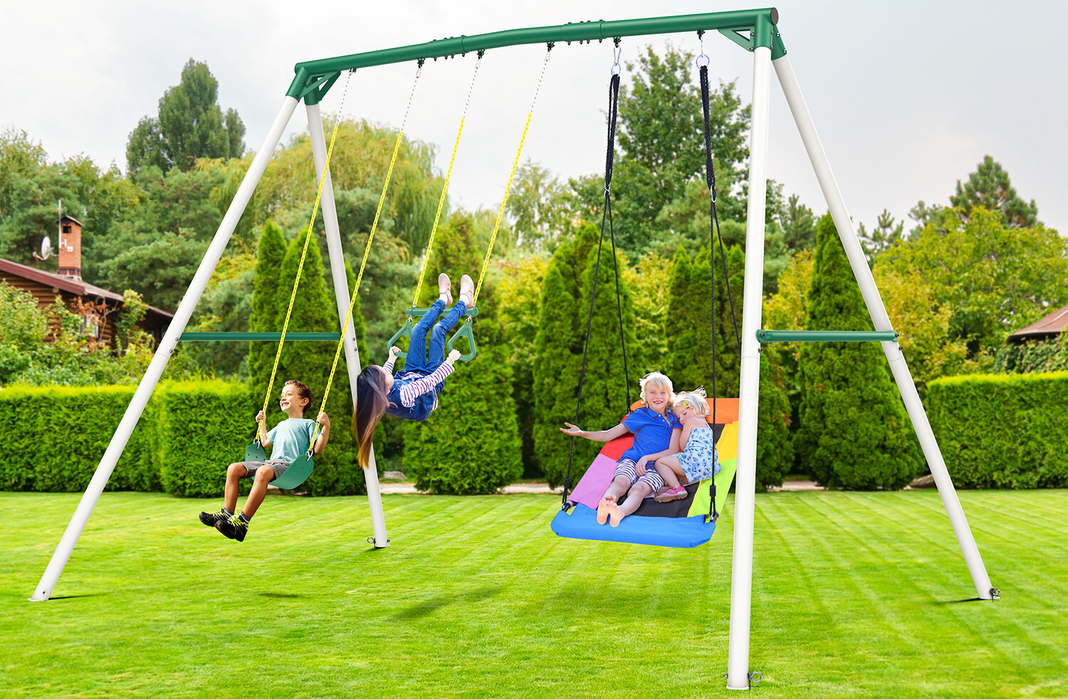 700lb Heavy Duty 9.5ft Metal Swing Set for Kids Adult w/3 Swings and Trapeze Bar