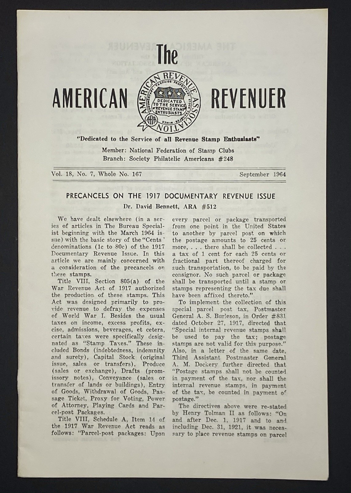 The American Revenuer Volume 18 No 7 Whole No 167  September 1964 Stamp Ephemera