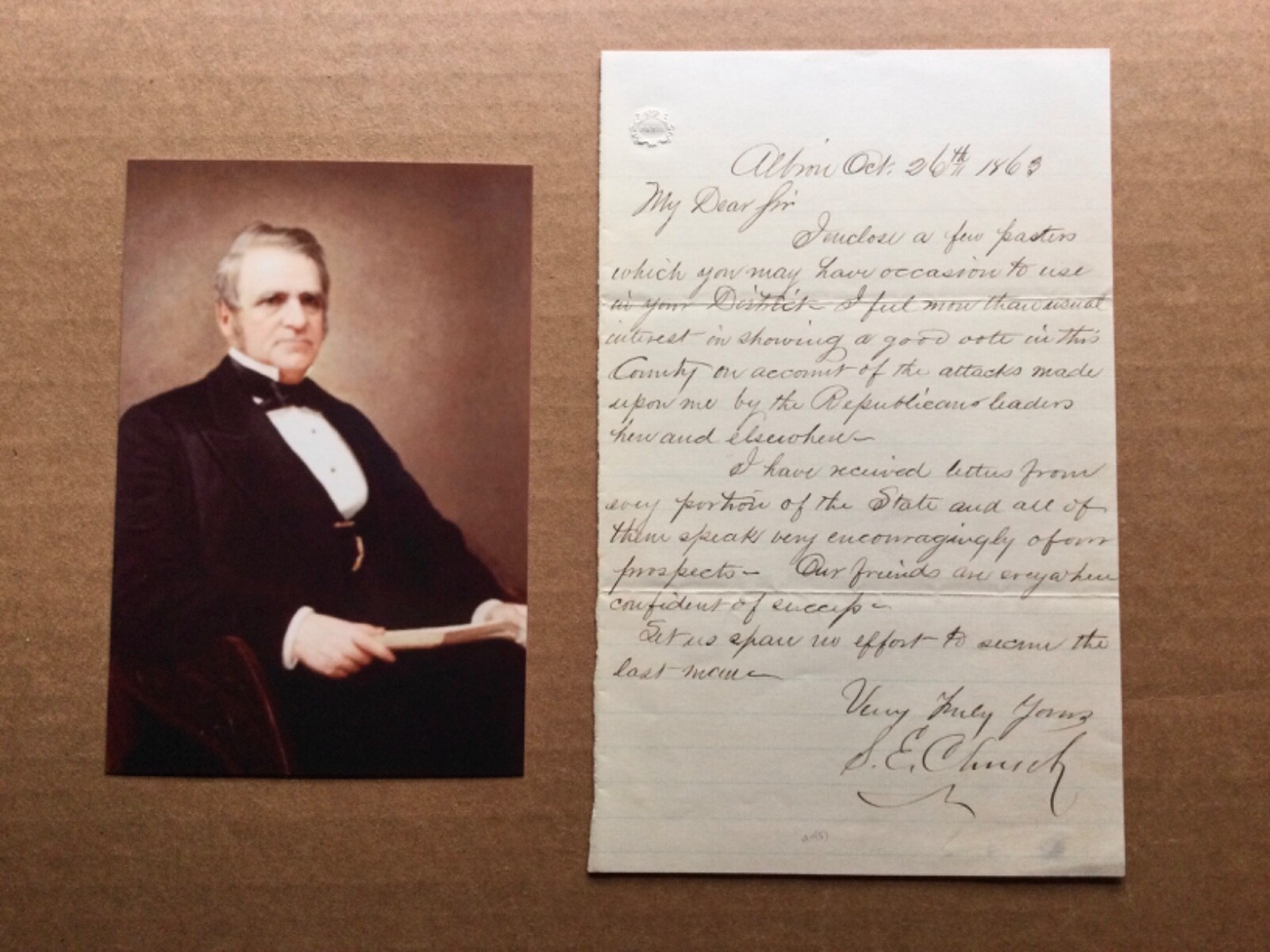 Sanford E Church (1815-1880) Democratic Politician handwritten letter elections