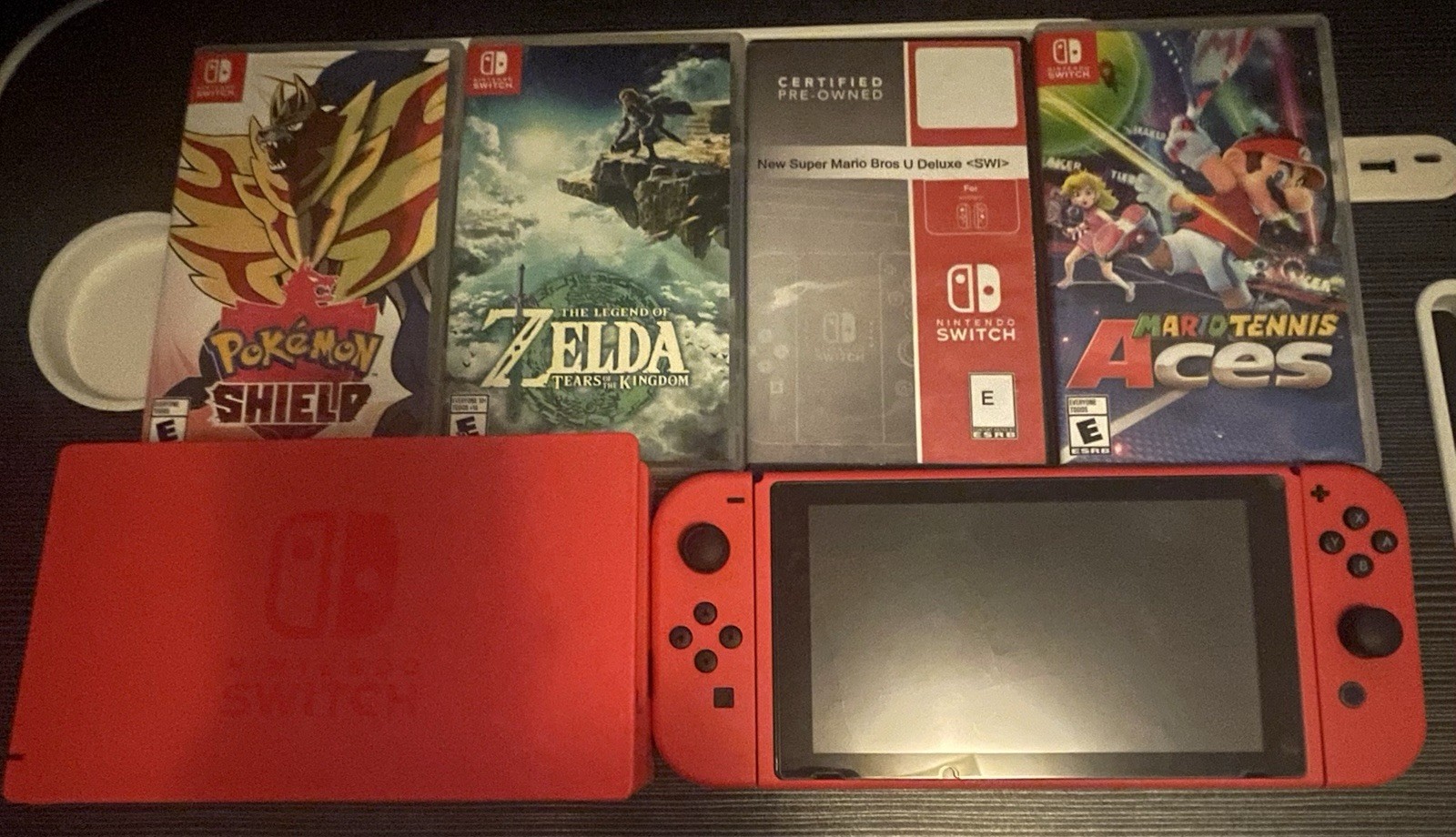 Mario Nintendo Switch Console with Controllers, Pokémon Shield, Zelda, Tennis