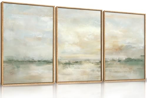  Large Abstract Green Gray Pastel Framed Canvas Wall Art,Neutral Landscape 