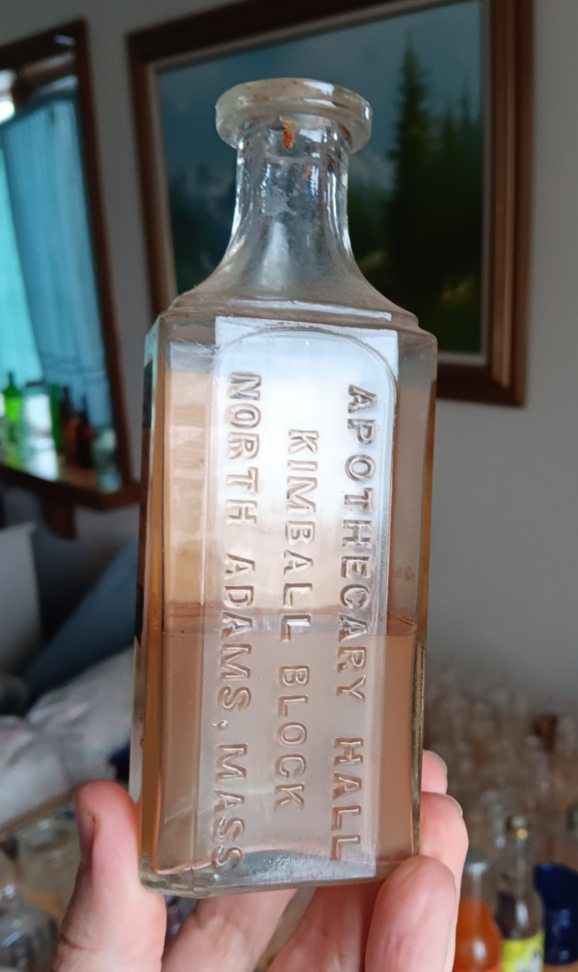 Apothecary Hall North Adams, Mass labeled pharmacy bottle