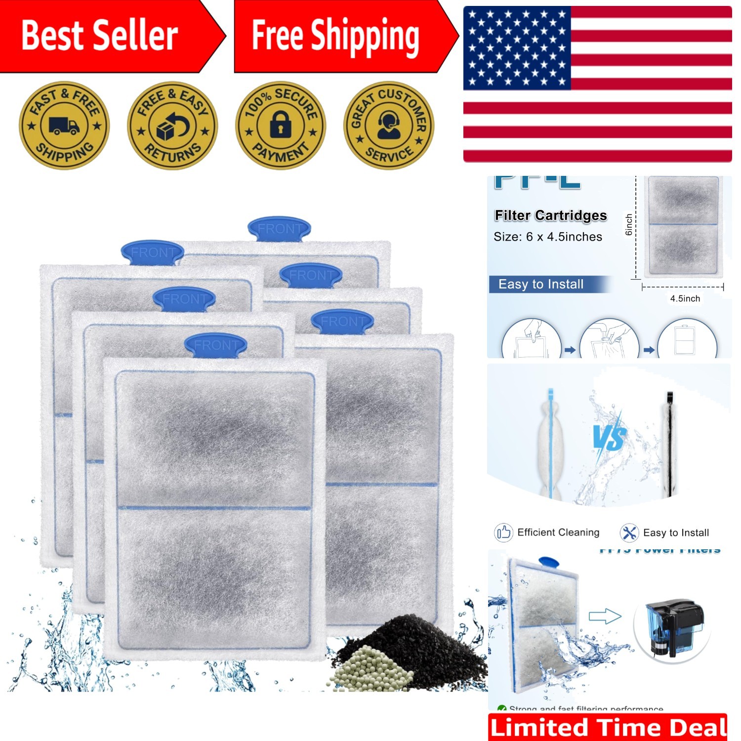 6 Pack PF-L Aquarium Filter Cartridges for PF20, PF30, PF40, PF75 Power Filters