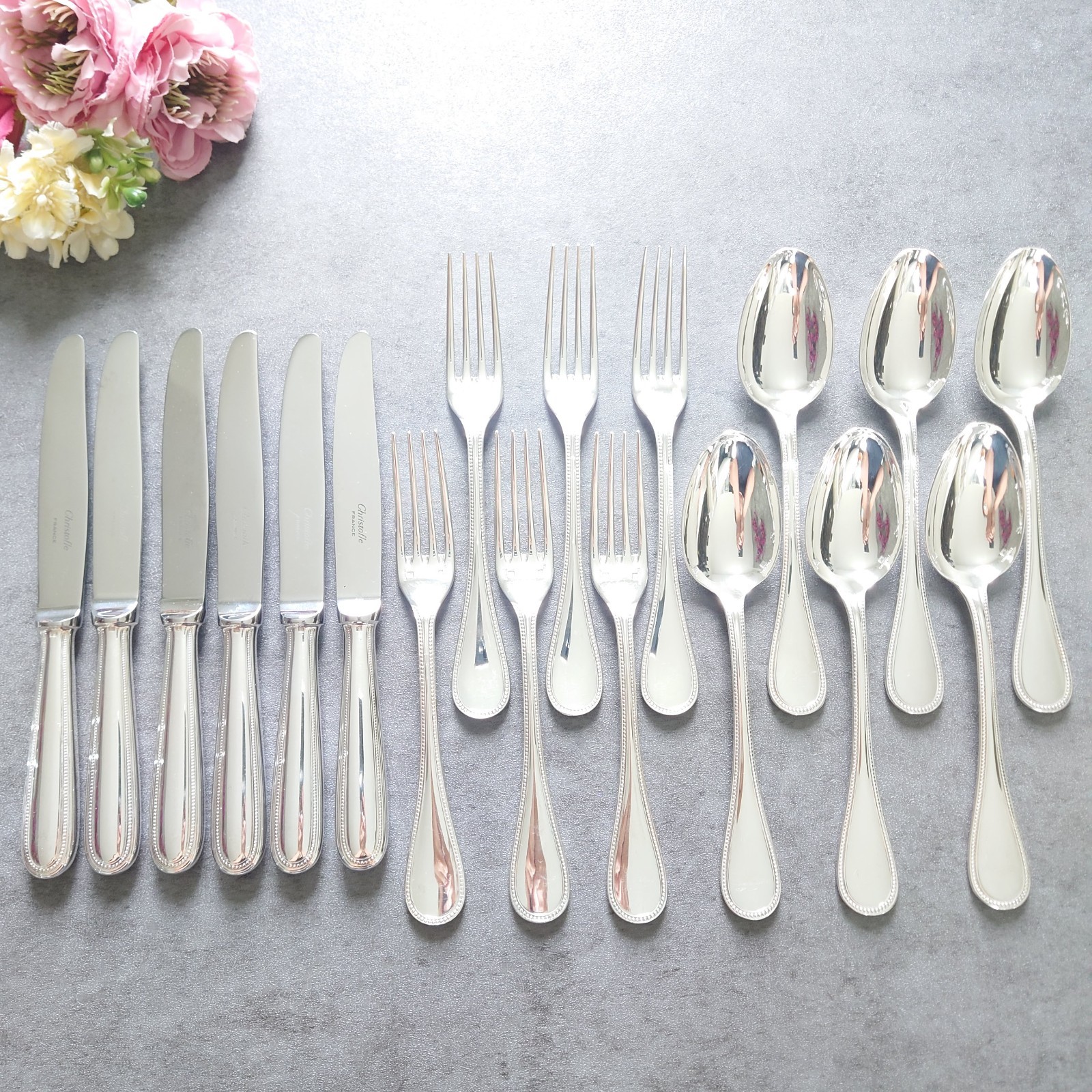 Christofle Perles 18pcs Silverplate Dessert Knife Fork Spoon Excellent