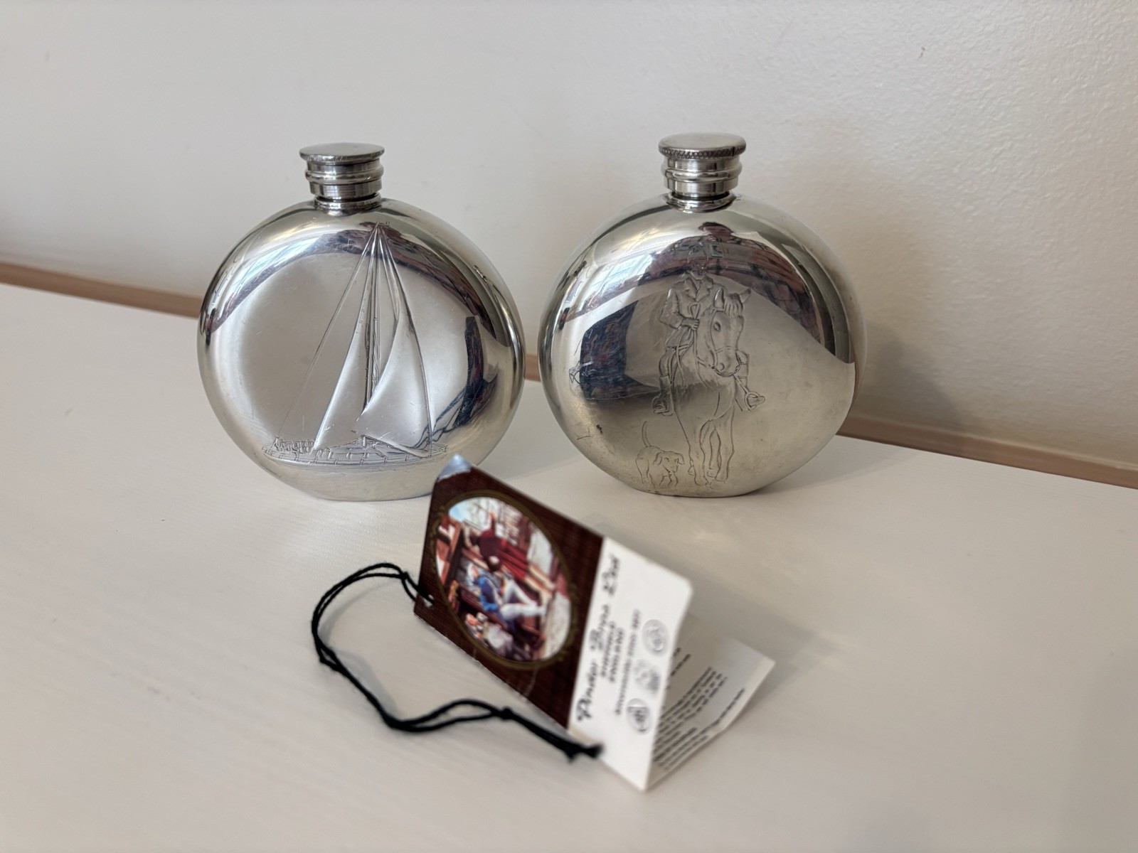 Pinder Bros Sheffield English Pewter 6 Oz  Flask Lot Of 2 Sailboat & Horse