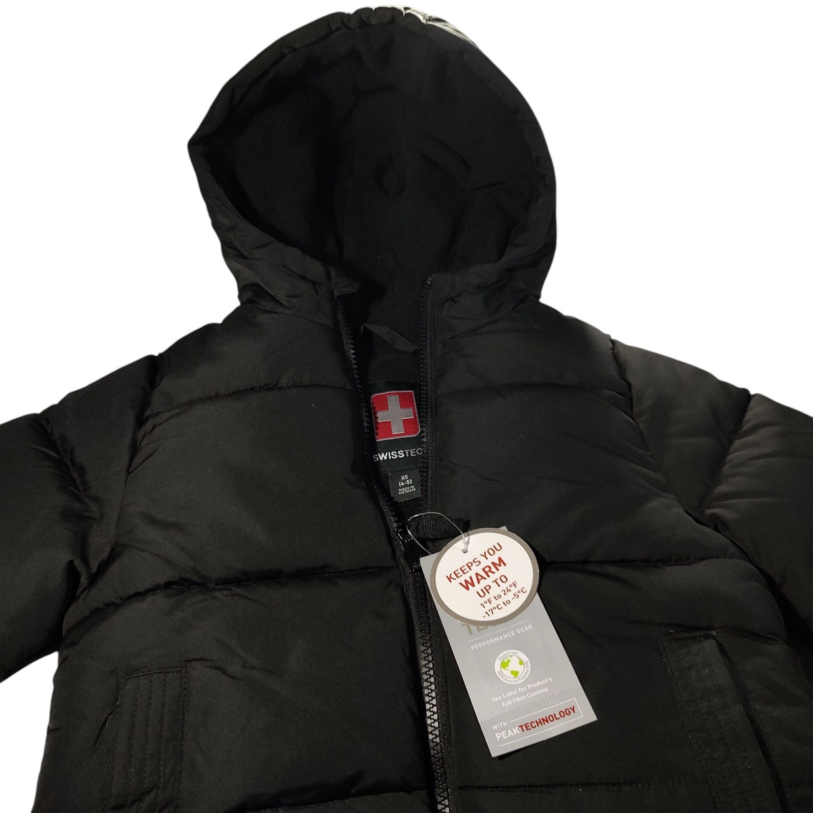 New Swiss Tech Puffer Jacket Black Hooded Pockets Tags Boys X Small Four Five