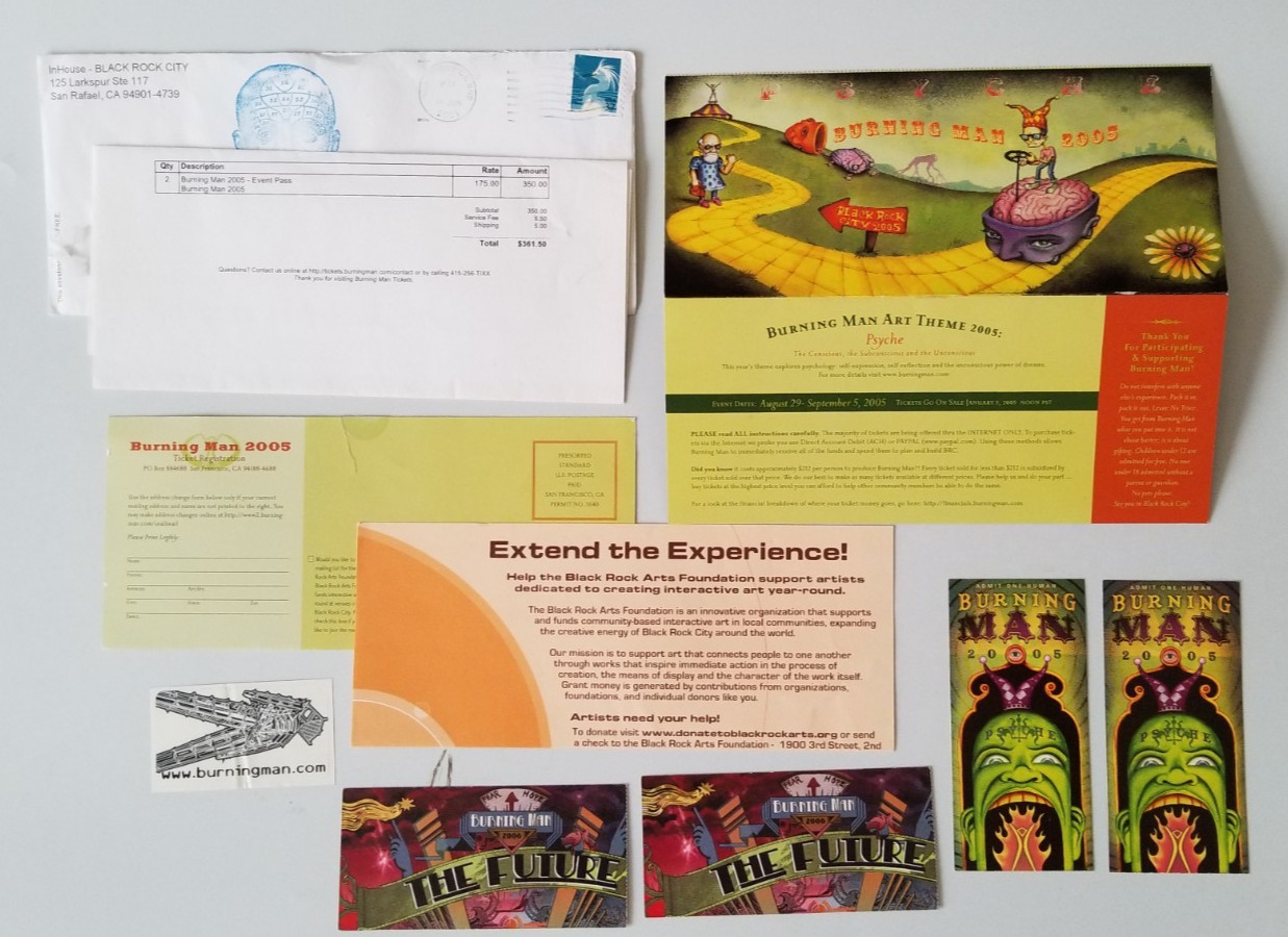 Burning Man Lot: 2005 and 2006 Tickets, Sticker, Original mailer and envelope