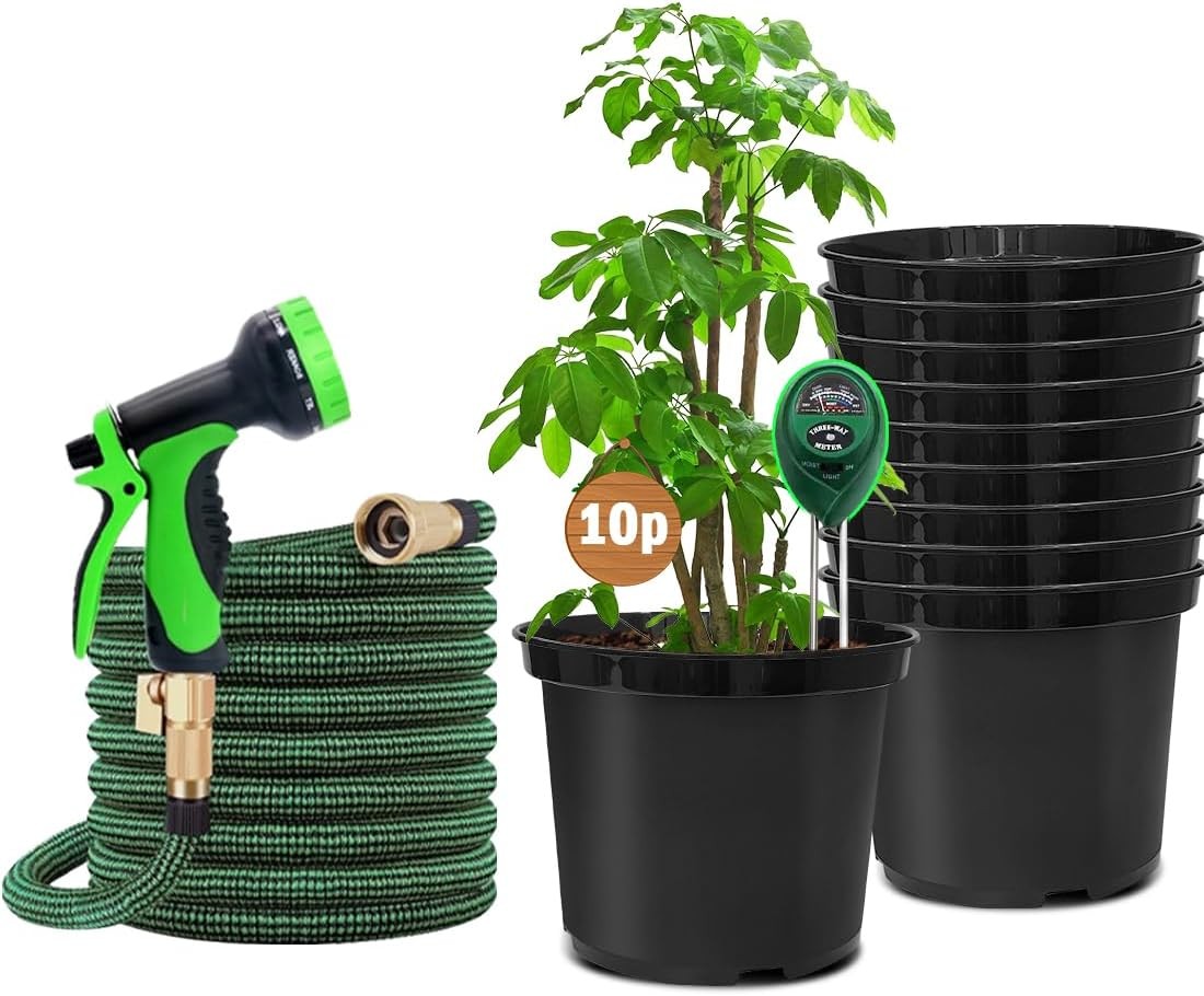 5 Gallon Nursery Pots (10-Pack) + 50ft Garden Hose with Spray Nozzle + 3-in-1 So