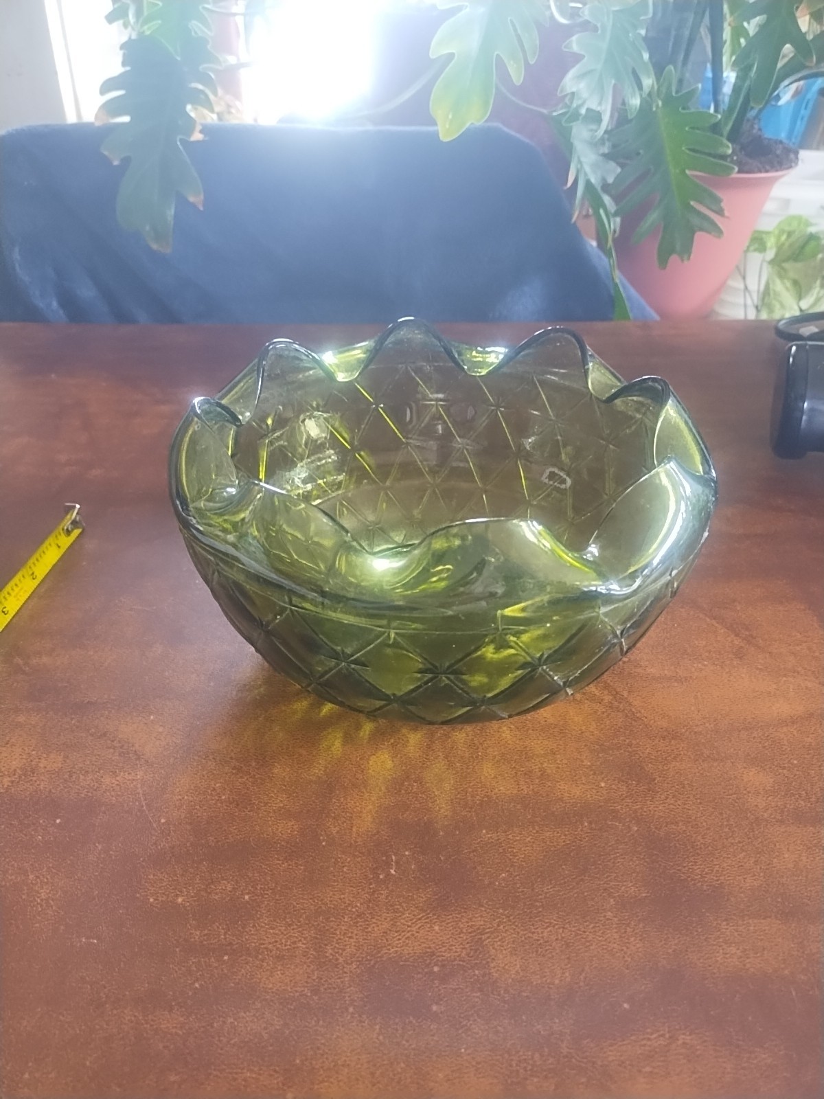 Vintage Indiana Green Glass Quilted Duete Bowl. Candy / Nut Dish
