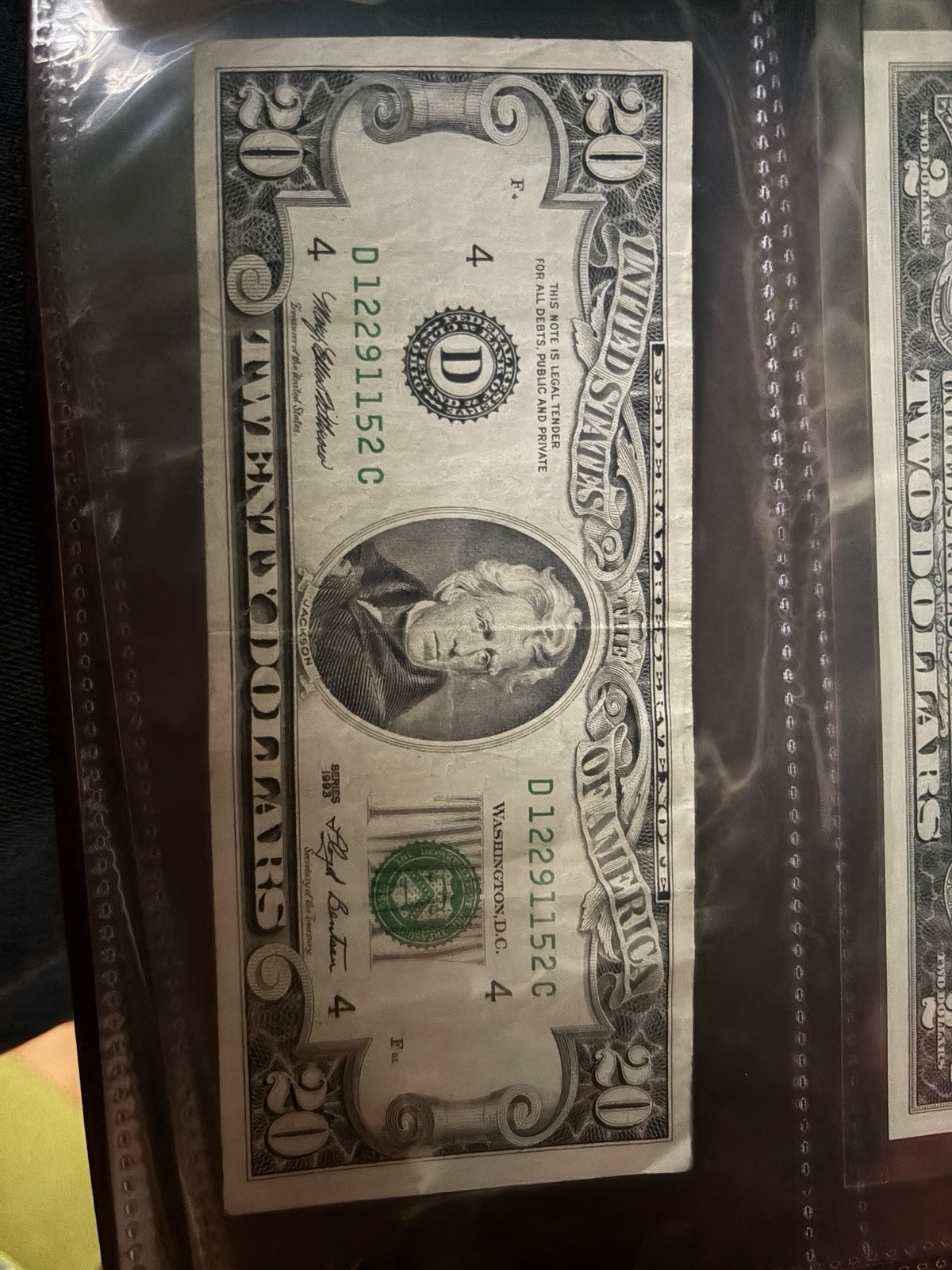 1993 $20 Bill With Miss alignment On The Treasury Stamp