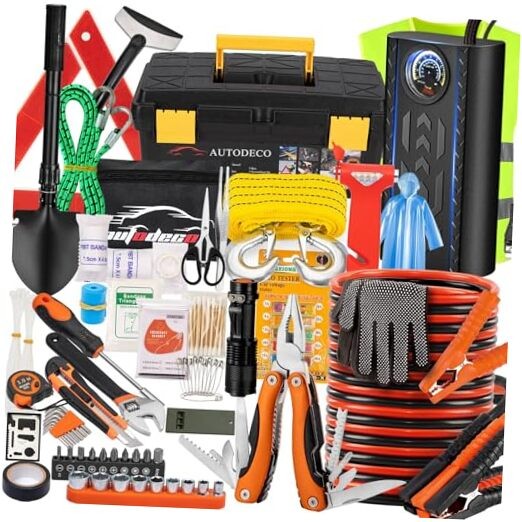 98 PCS Roadside Car Emergency Assistance Kit with Portable Air Orange
