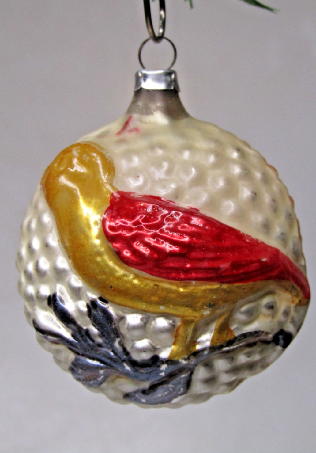 Antique VTG Glass Outdent BIRD on Branch Embossed BALL Christmas Ornament German