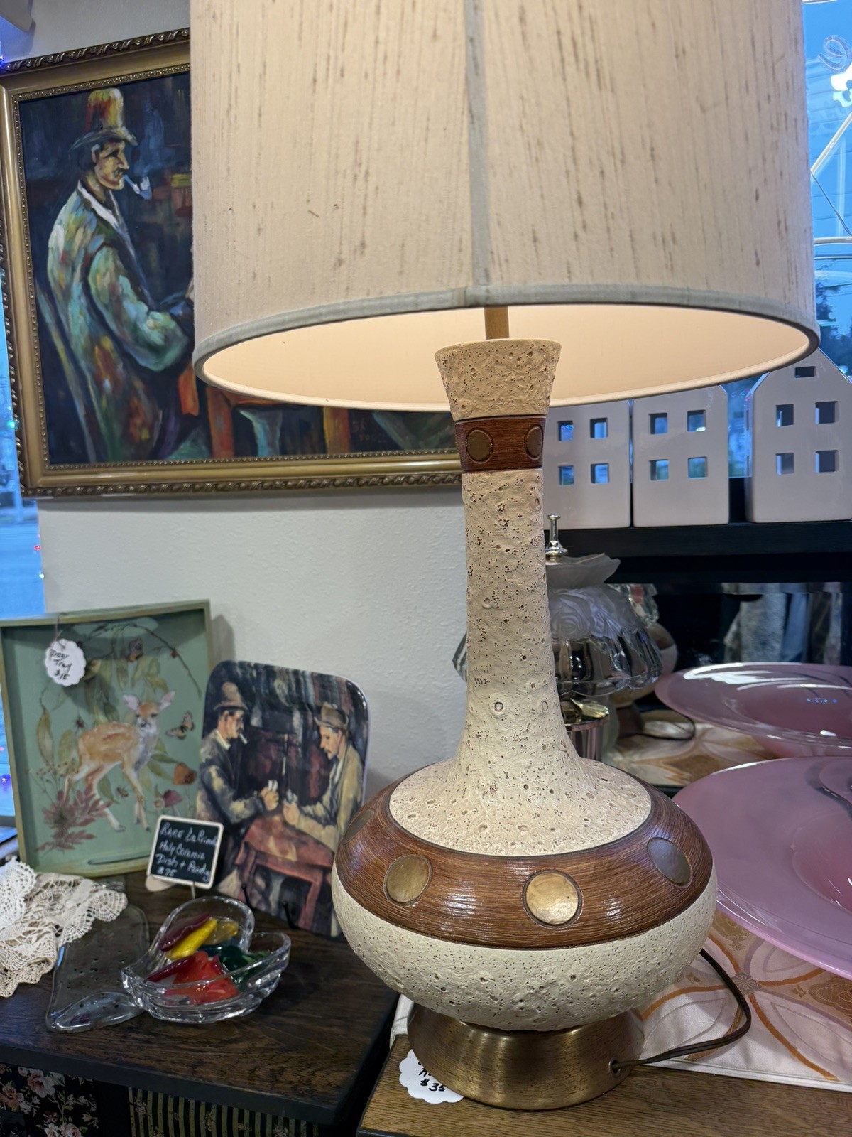 1960s Fortune Lamp Co Mid Century Modern ceramic Table Lamp with Walnut Brass