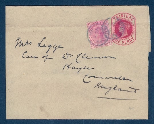 TRINIDAD 1890 1P QV WRAPPER UPRATED TO UK