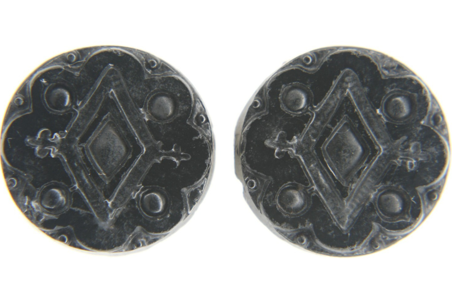 C1890 Antique Victorian Black Glass Button Heraldic Fleur-de-Lis Diamond Pattern