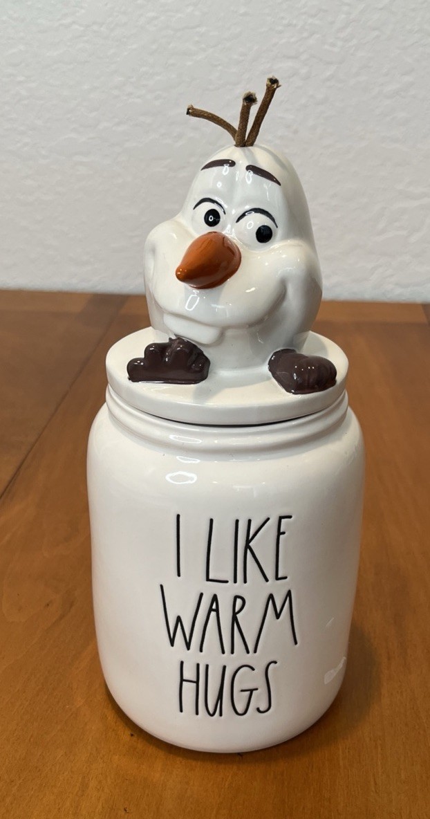 RAE DUNN Disney Frozen "I LIKE WARM HUGS" Canister With Olaf Topper