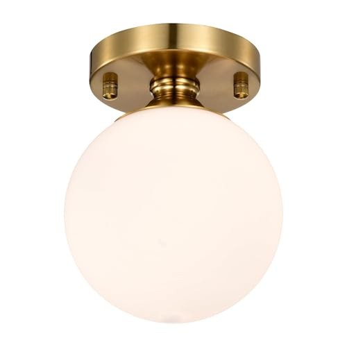 Gold Semi Flush Mount Ceiling Light 5.9" Globe Opal Glass Shade Mid 5.9in