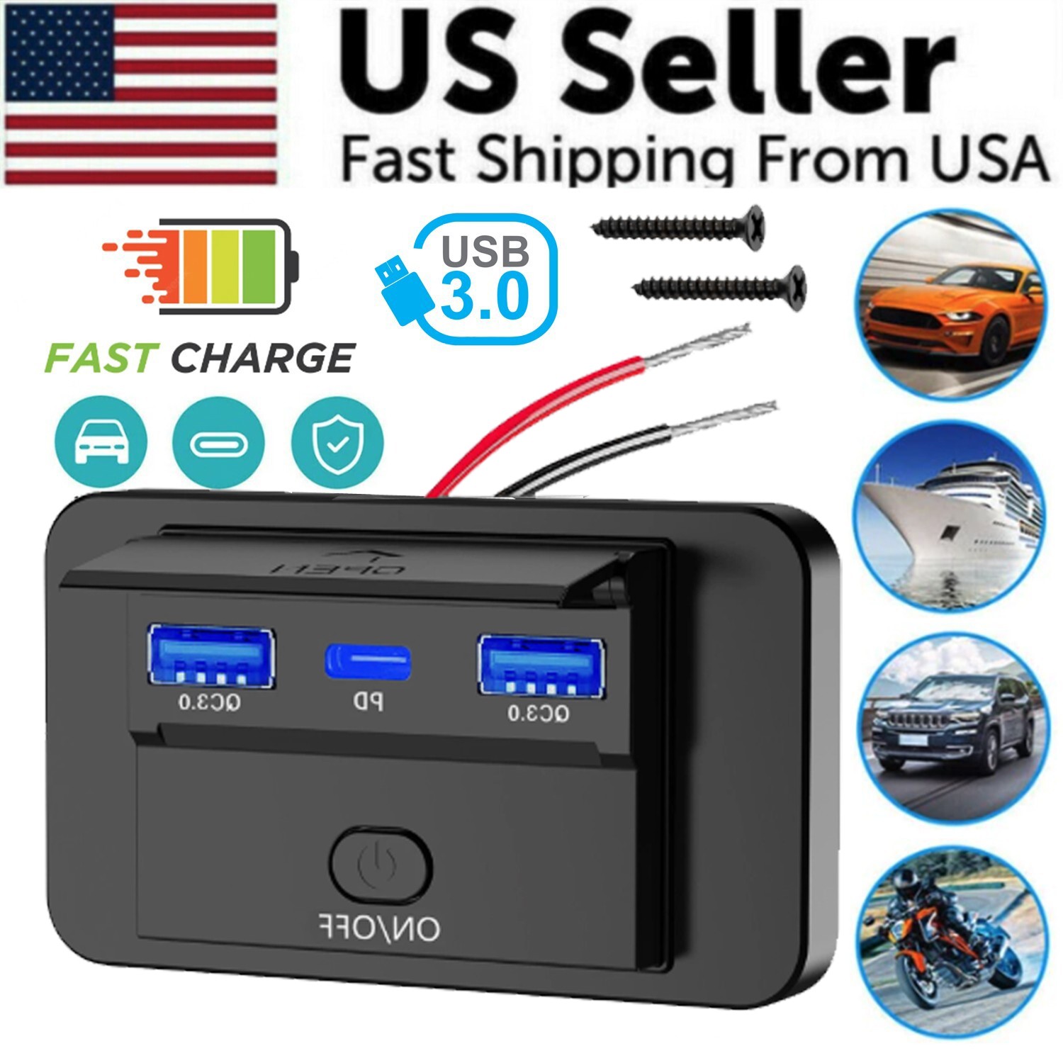 3 Ports 12V-24V USB PD Type C QC3.0 Car Boat Charger Socket Power Outlet Adapter