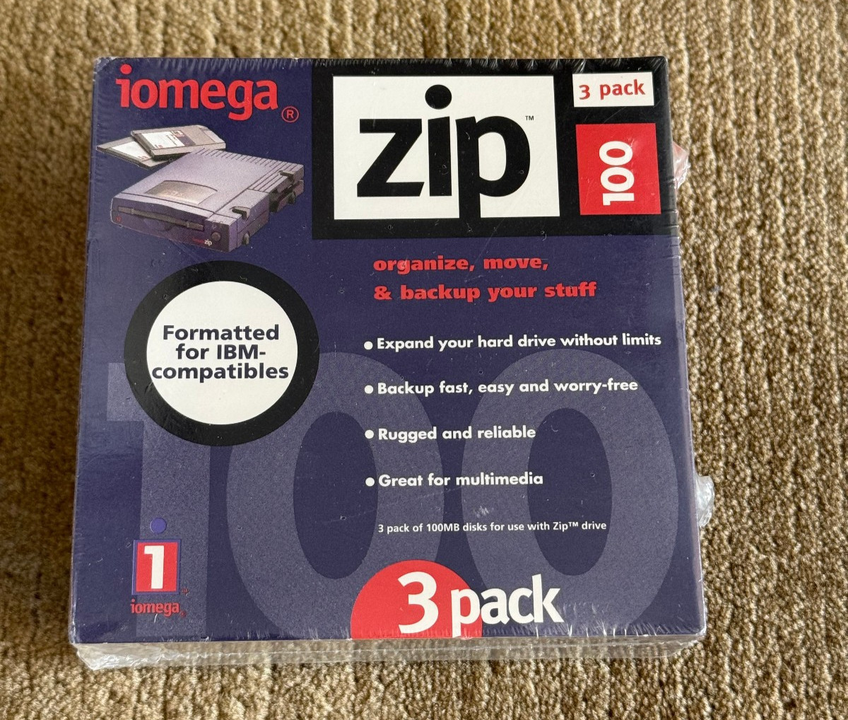 New Sealed! iomega Zip 100 3-Pack 100MB Disks Formatted for IBM Compatibles