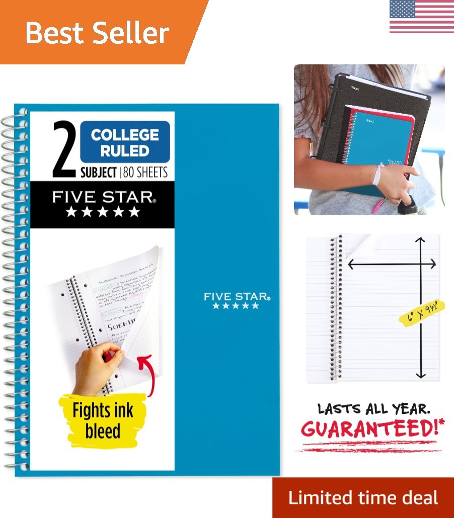 Elegant 2-Subject Spiral Notebook - College Ruled, Water Resistant, 6" x 9-1/2"