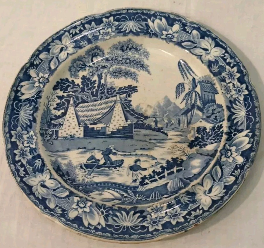 Transferware Blue & White Plate Unmarked Camel Pagoda Trees Boys Fishing 10"
