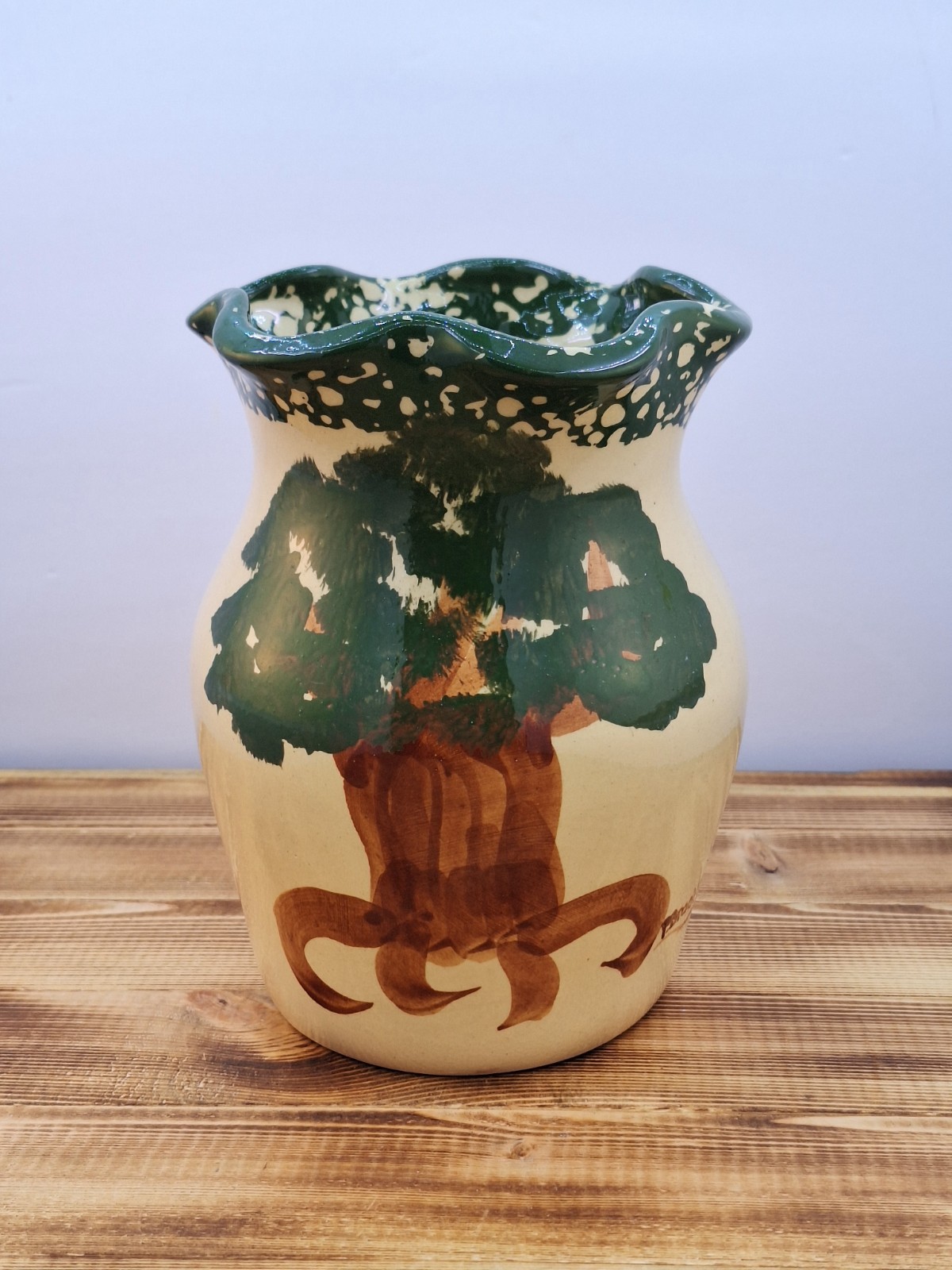 Crooksville Ohio Apple Tree Pottery Crock Vase Ruffled Edge Hand Painted 08 7x5"