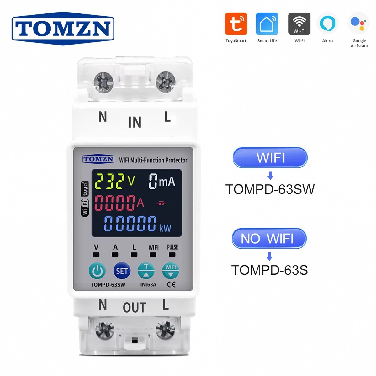 TOMZN 2P 63A AC 110V 230V TUYA WIFI Smart Switch kWh Metering Circuit Breaker