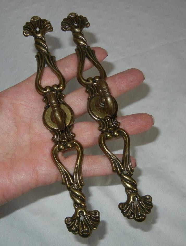 Vintage Two Ornate Brass Cabinet Pull Escutcheon Decorative Drawer Door
