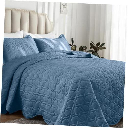  Full/Queen Size Quilt Set Full/Queen (90"x96") Bluish Grey (Geometric Pattern)