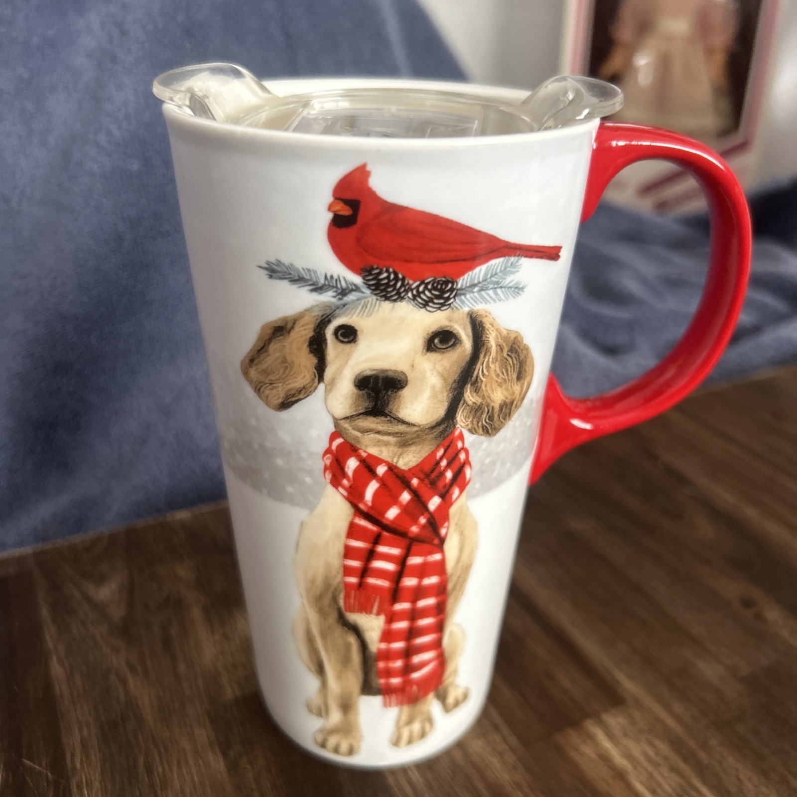 Cypress Home Ceramic Mug with Lid - Dog and Cardinal Design