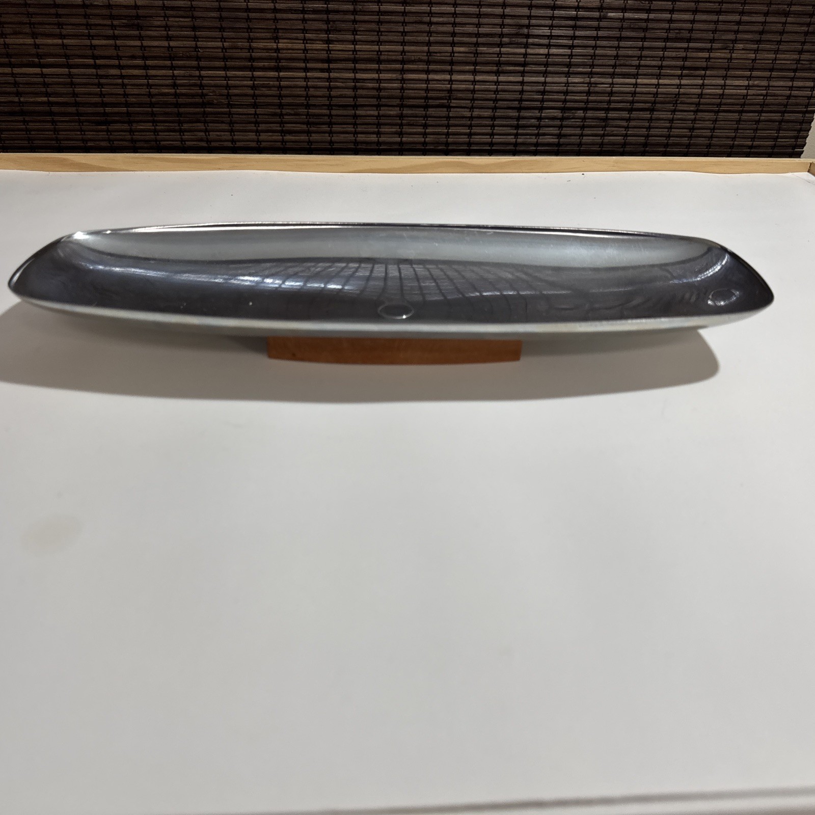 Vintage MCM Milbern Creations Chrome Oblong Serving Tray w/ Wood Base 14 x 5.25