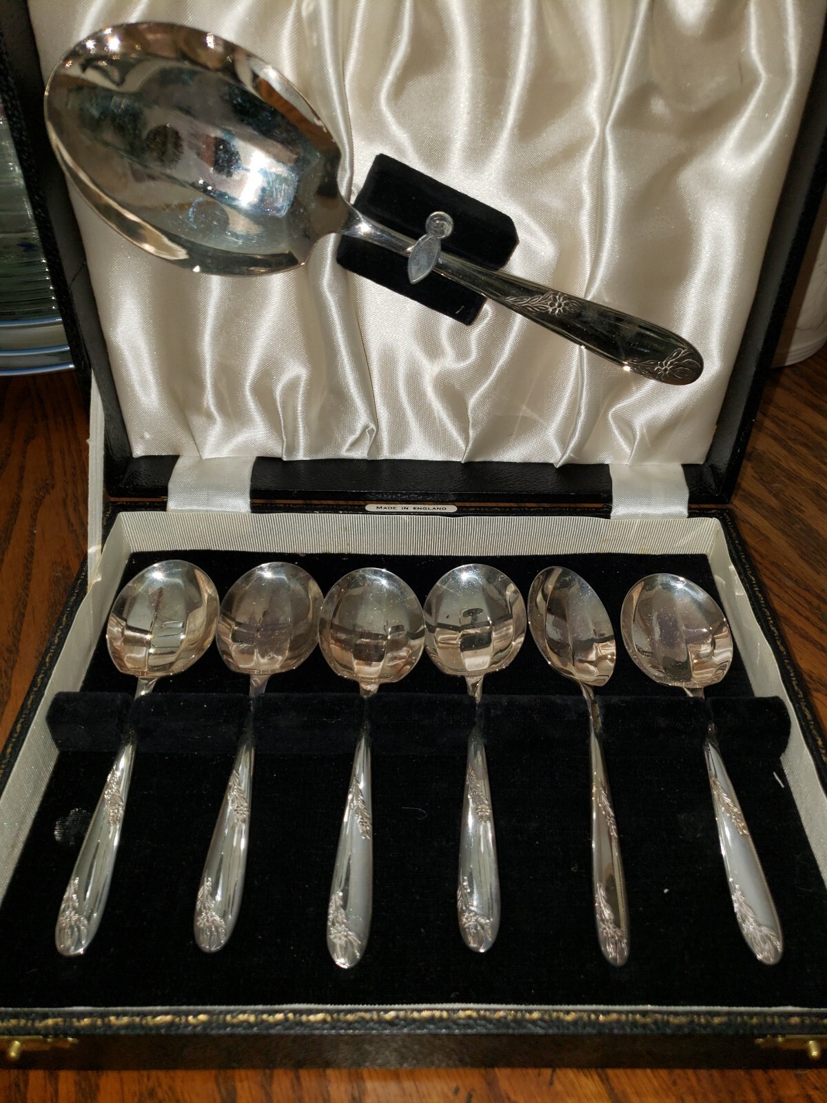 VTG Angora Silver Plate Co Ltd England Ice Cream Set 6 Spoons & Serving Spoon