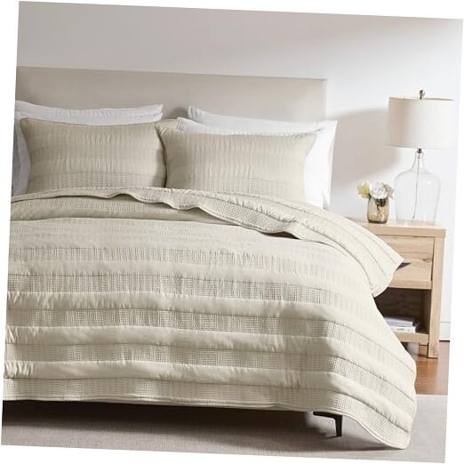 Striped Size Quilt Set, Lightweight Pick Stitch Bedspread with 1 Twin Beige